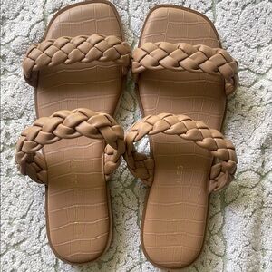 Tan Braided Slide Sandals with Flat Sole